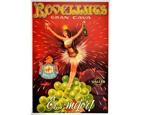 Original vintage advertising poster for Rovellats Gran Cava - Es ... mejor! / Is better! Great colourful illustration of a pi