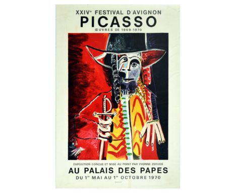 Original vintage advertising poster for a Pablo Picasso art exhibition and the XXIV Avignon Festival at Le Palais des Papes /