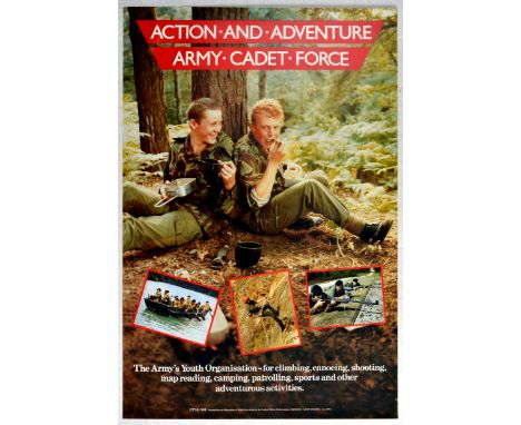 Original vintage propaganda poster issued by the Army Cadet Force - Action and Adventure. The poster features a larger photog