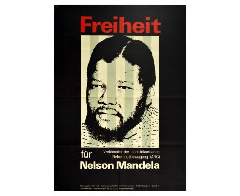 Original vintage propaganda poster issued in Germany by Freiheit fur Nelson Mandela - Freedom for Nelson Mandela campaign. Th