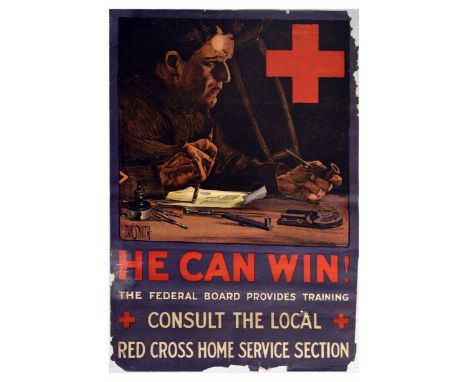 Original antique World War One propaganda poster for war veteran training issued by the Red Cross - He Can Win! The federal b