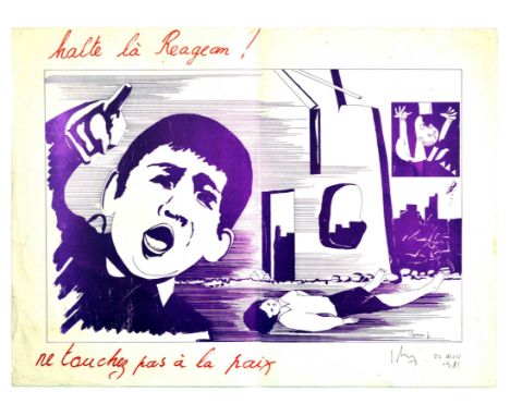 Original vintage poster ‘Halte la Reagean! Ne touchez pas a la paix/ Stop there Reagan! Don’t touch the peace’. The poster fe