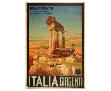 Original antique travel poster promoting Girgenti, Italy and issued by the Italian State Railways. The design features an ima