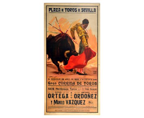 Original vintage advertising poster for Gran Corrida de Toros / Great Bullfight held on 22 April 1953 with participation of R