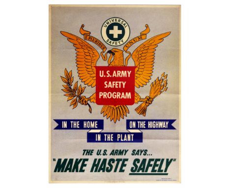 Original vintage World War Two propaganda poster for the U.S. Army Safety Program featuring an American bald eagle holding sp