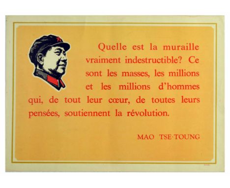 Original vintage propaganda poster featuring a quote from Mao Zedong in red writing on an orange background, with a small blu