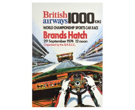 Original vintage poster for the 1974 British Airways Brands Hatch 1000km endurance sports car event. The image is drawn from 