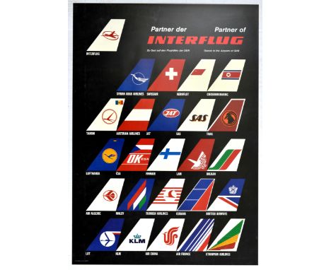 Original vintage aviation advertising poster issued by Interflug - Design features black background with a white and red tail