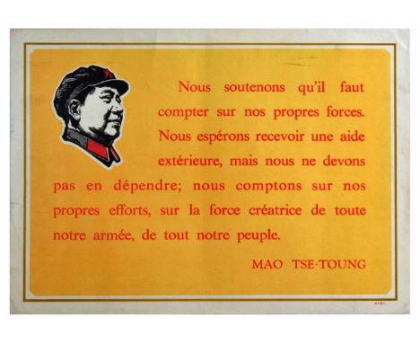 Original vintage propaganda poster featuring a quote from Mao Zedong in red writing on an orange background, with a small blu