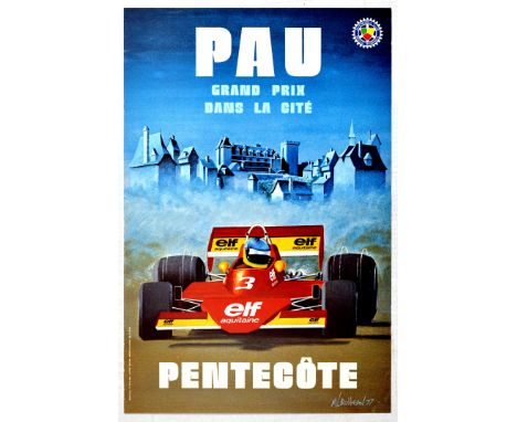Original vintage car racing sport poster for the Pau Grand Prix motor race held on the Circuit de Pau-Ville in Pau - Great il