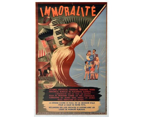 Original vintage propaganda poster against immorality - Design features a great image split diagonally where immoral things a