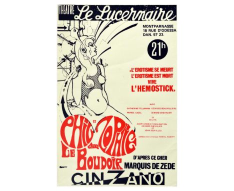 Original vintage theatre performance poster for ‘Phil et Zophie dans le Boudoir’ at Theatre Le Lucernaire, Paris, featuring a