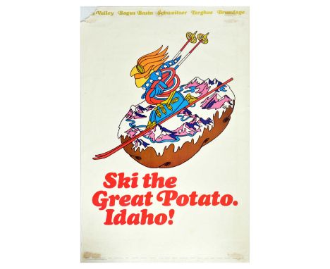 Original vintage ski travel poster Ski to the Great Potato Idaho - Fun cartoon features a skiier in American stars and stripe