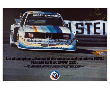 Original vintage advertising poster for BMW 320. The poster features a white with yellow and blue stripes BMW race car with R