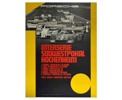 Original vintage motorsports poster celebrating Porsche’s performance at the 1973 Interserie Sudwestprokal Hockenheim, featur