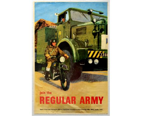 Original vintage military recruitment poster - Join the Regular Army - depicting a soldier on a motorbike driving next to a l