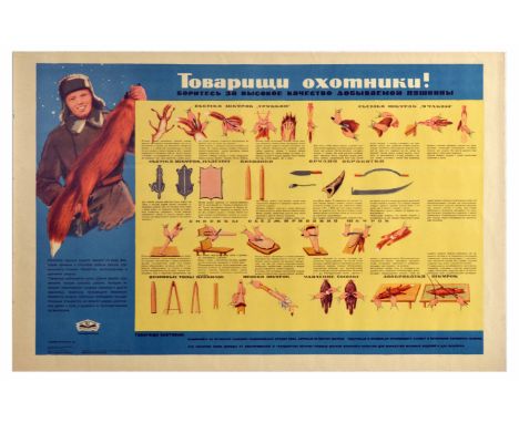 Original vintage Soviet propaganda poster about fur trapping and preparing pelts, urging hunters not to waste fur. The diagra