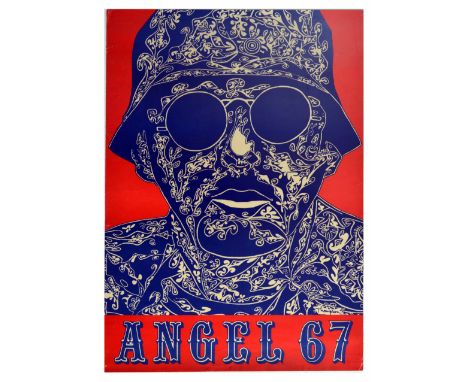 Original vintage advertising poster - Angel '67 features an image of a Hell's Angel biker in blue and white by Hunter Thompso