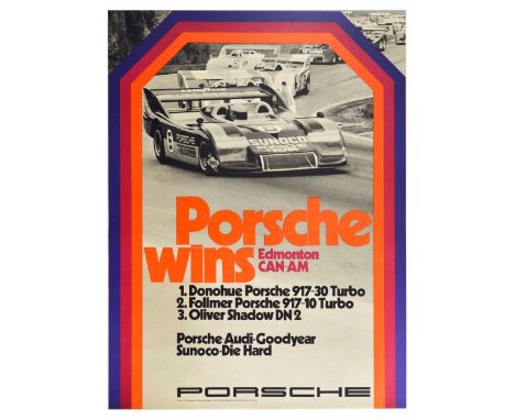 Original vintage motorsports poster celebrating Porsche’s victory at the Edmonton Can-Am 1973. The bold design features a bla