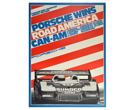 Original vintage motorsports poster celebrating Porsche’s victory at the 1973 Can-Am. The bold design features a black and wh