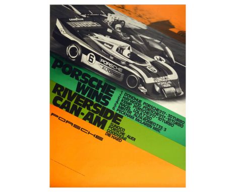 Original vintage motorsports poster celebrating Porsche’s victory at the 1973 Can-Am. The bold design features a black and wh