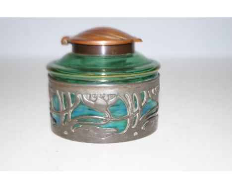 Art Nouveau bohemian green glass &amp; pewter inkwell