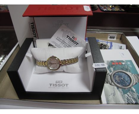 Tissot: A Modern Ladies Wristwatch, the mother of pearl dial with line markers and date aperture, to two colour bracelet, inc