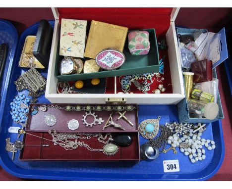 A Wedgwood Jasperware Pendant on Chain, a small selection of ladies compacts, small trinket boxes, rosary beads, religious pe