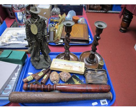 1930's Oak Barley Twist Candlesticks, early XX Century truncheons, Juliana Collection figure of an Outlaw, miniature miners l
