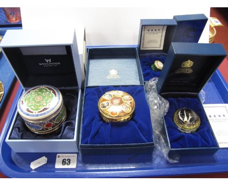Halcyon Days Enamelled Boxes - University, Badger limited edition of 100, Gardeners, Queen Mother, plus Wedgwood trinket box,