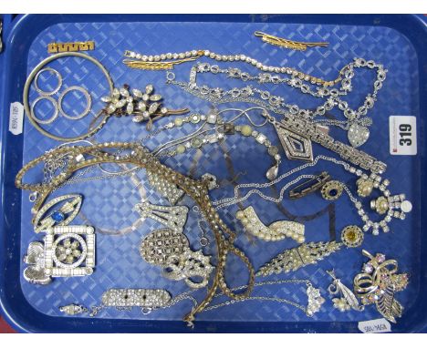 A Selection of Vintage and Later Ornate Diamente and Marcasite Set Costume Jewellery, including brooches, dress clips, earrin