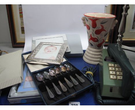 Three Modern Boxed Photograph Frames, a cased set of teaspoons, vintage Arthur Wood vase and a retro green telephone (786 GNA