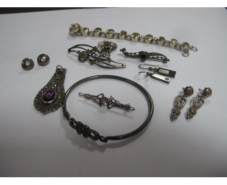 A Decorative Marcasite Pendant, with collet set centre, a similar bar brooch, with heart shape centre, and Marcasite open wor