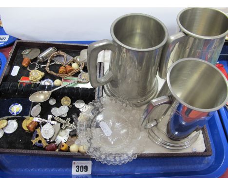 Three Pewter Mugs, souvenir teaspoons, sleeve band, cross pendant, Butlins Clacton 1966 enamel badge, glass trinket dish, etc
