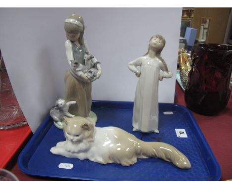 Two Lladro Figures, Girl with Cat and Kittens and Girl in Nightdress and a Nao Cat. (3)