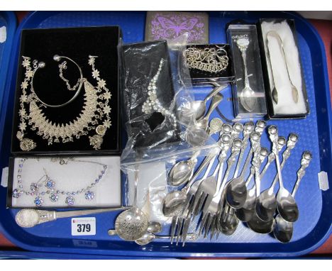 A Modern Bangle Stamped "925"; Middle Eastern Necklace and Earrings, cake forks and spoons, Kings pattern sugar tongs, earrin