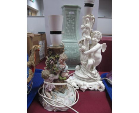 XIX Century Continental Porcelain Candelabra, converted to table lamp, blue 'Y' ark, white cherub able lamp on triform base, 