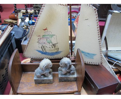 1930's Wooden Yacht Table Lamp, XIX Century mahogany tea caddy, oak book trough, pair of alabaster temple lions:- One Tray.