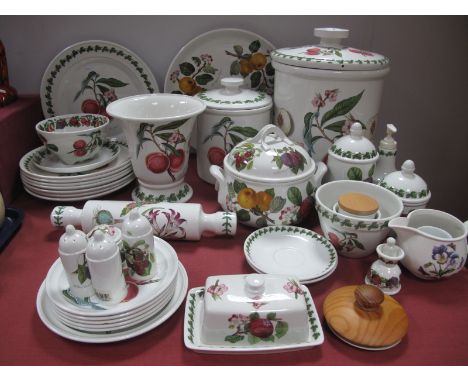 Portmeirion 'Pomona' Pattern Pottery, large bread crocks, another smaller, vase, tureen, dinner plates,condiments, butter dis