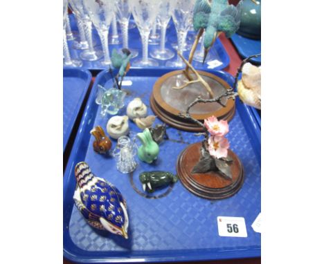 A Border Fine Arts Kingfisher on Branch, other bird figures, miniature Sylvac green bunny, jade sea lion, Royal Crown Derby W