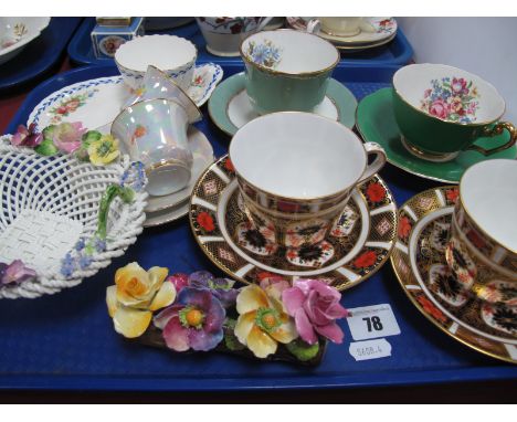 Two Royal Crown Derby Imari Pattern 1128 Cups and Saucers, other cups and saucers, bone china basket, posy:- One Tray