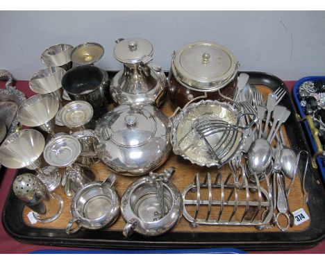 EPBM Four Piece Tea Service, oak biscuit barrel, goblets, cutlery, other plated wares:- One Tray