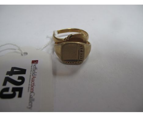 A 9ct Gold Gent's Signet Ring, with part textured panel, another 9ct gold gent's signet ring, with plain panel to tiered shou