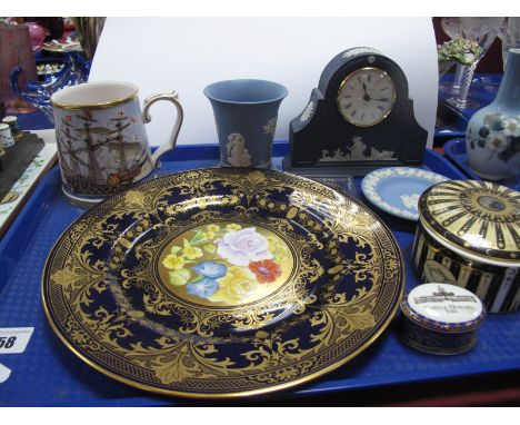 A Caverswall Cabinet Limited Edition Plate 'Golden Summer', navy Wedgwood Jasperware clock, Spode 'Ark Royal' tankard, Royal 