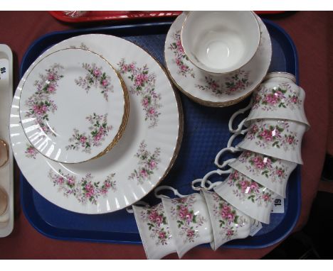 Royal Albert 'Lavender Rose' Pattern Dinner and Teaware, including six dinner plates, six tea plates eight cups and saucers:-