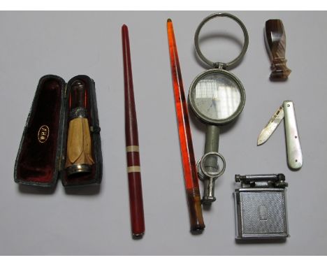 Meerschaum and Amber Cigar Holder, cheroot holders, agate seal holder, Mother of Pearl fruit knife with silver hallmarked bla
