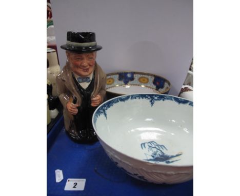 A Worcester First Period Bowl, painted with the Fisherman and Willow Pavilion, (chipped rim), a Royal Worcester 'Millennium' 