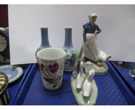 Royal Copenhagen Maid and Geese No 528, pair of Copenhagen vases, Nao geese group, beaker:- One Tray