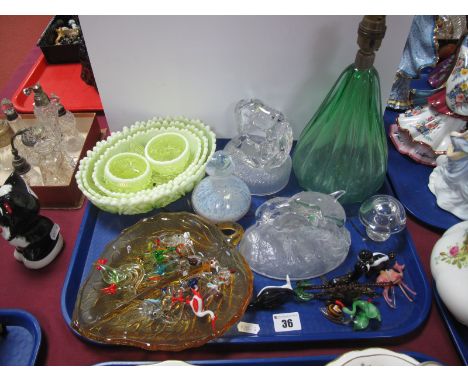 Vaseline Glass graduated Dishes, with opaque rims, fluted green glass table lamp base, paperweights and a quantity of miniatu