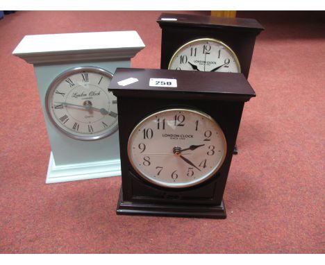 Three Modern "London Clock" Mantel Clocks, tallest 24.8cm high, boxed. (3)